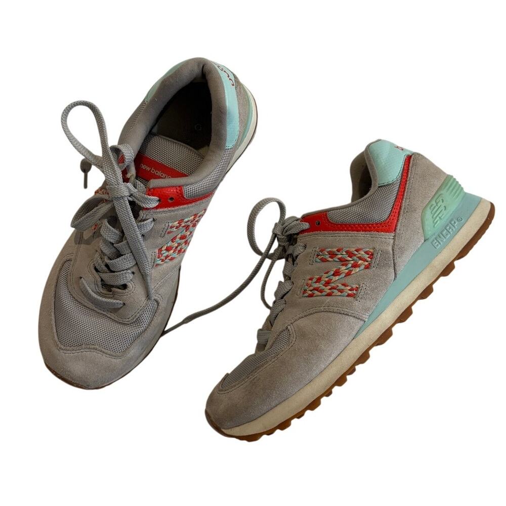 New Balance 574 Shoes Gray Red Blue Suede Womens 8 WL574LDL
